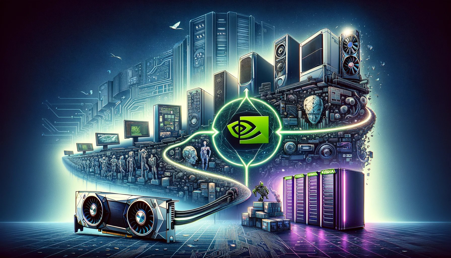 Illustration of a technology timeline showcasing the evolution from vintage gaming consoles and graphics cards to modern AI data centers and GPUs, with a glowing NVIDIA logo.