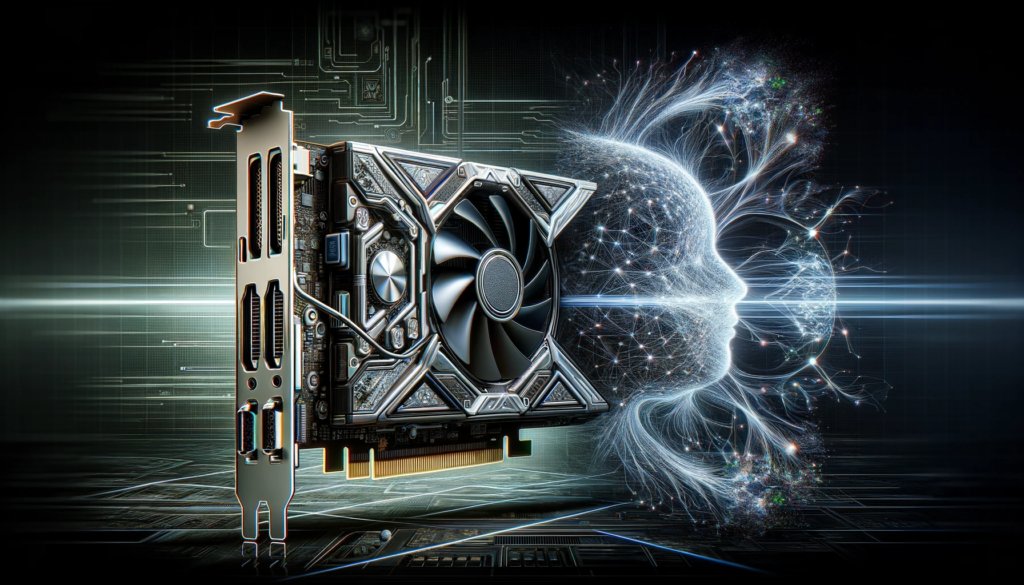 Futuristic graphics card merged with an abstract AI neural network, representing the synergy between gaming and AI technology.